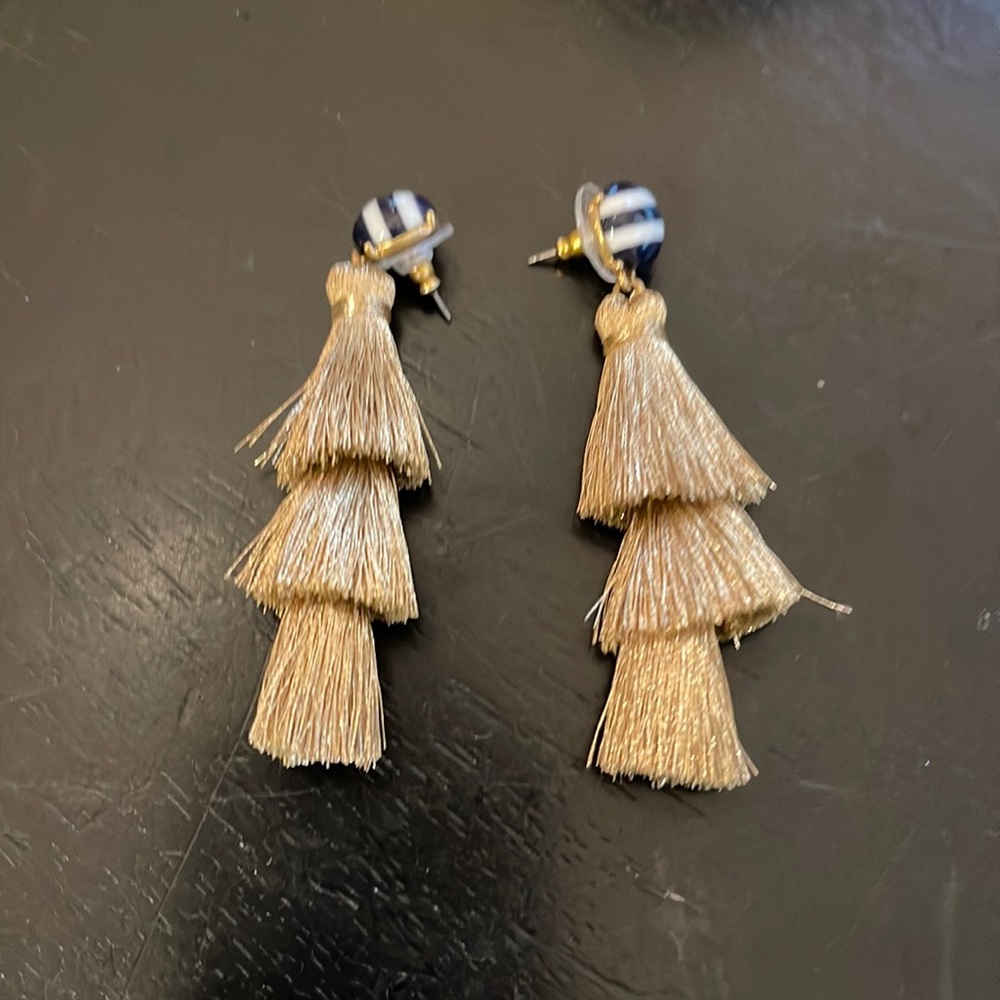 Gold tassel earrings with navy and white stripe stud